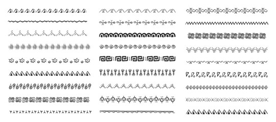 Ethnic tribal border, traditional hand drawn divider, doodle separator. Ancient motif line geometric brush, for frames, design element. 