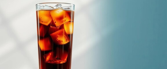 Tall glass of iced cold brew coffee; dark, creamy tones, ice cubes, refreshing summer drink,  liquid, cold brew