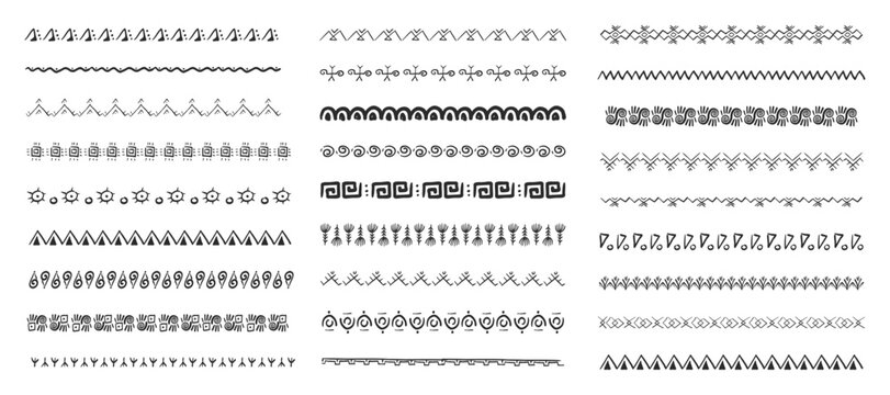 Ethnic tribal border, traditional hand drawn divider, doodle separator. Ancient motif line geometric brush, for frames, design element. 