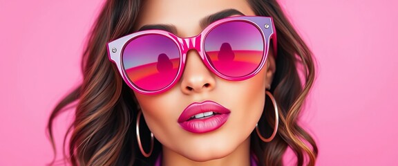 Trendy pink sunglasses, vibrant makeup, pastel pink backdrop, chic style,   editorial,   spring