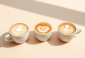 Three pristine white coffee cups, latte art displayed, soft light on beige surface,  white,  latte art