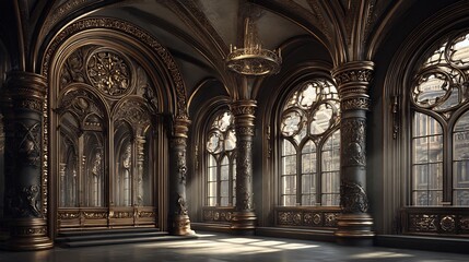 Gothic Palace Hall Interior with Luxury Architecture.