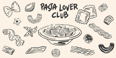 Hand drawn pasta vector set. Different Mediterranean spaghetti types. Italy la dolce vita coast food for greeting cards, poster, postcards. Minimalist doodle sketch icons in crayon drawing style