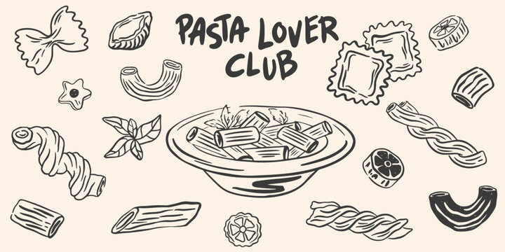 Hand drawn pasta vector set. Different Mediterranean spaghetti types. Italy la dolce vita coast food for greeting cards, poster, postcards. Minimalist doodle sketch icons in crayon drawing style