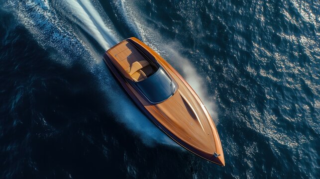 Aerial Shot Brown Speedboat Speeding on Blue Sea with White Wake, Water Sports Promotion