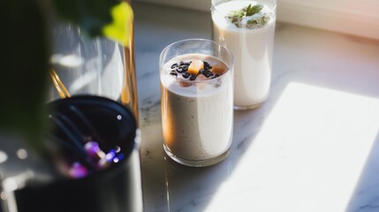 Cozy home workout corner featuring recovery smoothies in glass tumblers and workout essentials after an exercise session