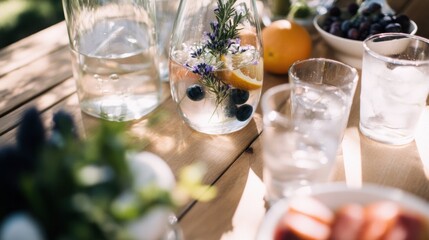 Summer detox infused waters enhance outdoor brunch experience with fresh produce and garden flowers at a rustic table