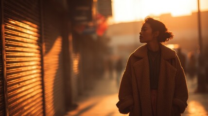 Portrait of a Girl in an Oversized Coat Walking on a Street During Sunset in an Urban Setting
