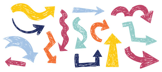 Thick arrow crayon or chalk drawing sketch grunge textured set. Different directions simple curve shape. Pencil, marker, pastel scribble