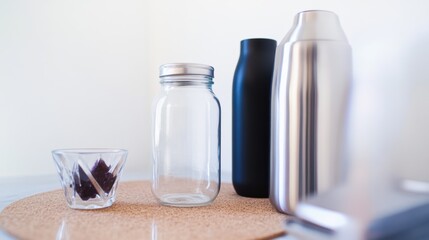 Urban desk setup featuring eco friendly reusable drink containers including a sleek black bottle and glass coffee cup arranged on a cork mat