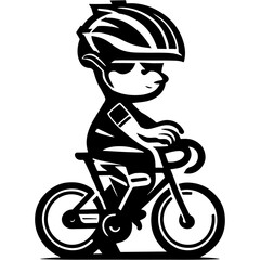 Sketchy of cartoon character on a bicycle wearing a protective sports helmet in monochrome. Engraving minimalistic vector in black ink drawing on transparent background