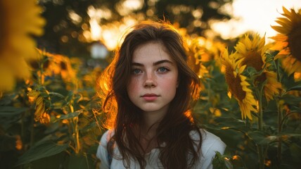 Portrait of a Girl Surrounded by Tall Sunflowers in a Sunlit Field at Golden Hour