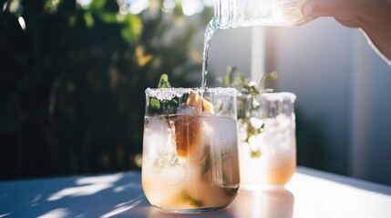 Enjoying homemade kombucha cocktails on a sunset patio with grapefruit and ginger flavors topped with herbs and soda over crushed ice