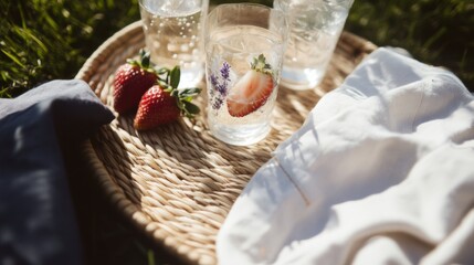 Delightful picnic setup with fruit infused sparkling water and fresh fruit on a cozy blanket in a sunny outdoor setting