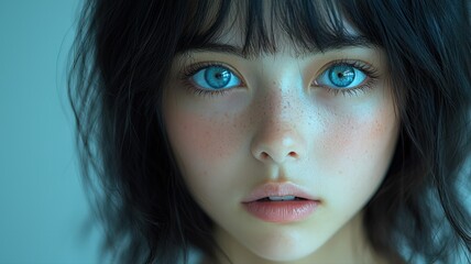 Portrait of a Japanese Teenager with Soft Blush and Gentle Blue Eyes Against a Light Background