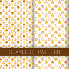 Cute Kawaii Food Seamless Pattern with Cupcakes, Donuts & Bubble Tea in Pastel Colors