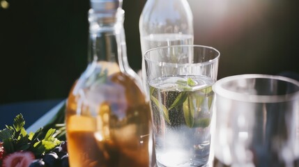 Homemade kombucha cocktail bar at a garden party featuring fresh herbs and fruit for refreshing spritzers