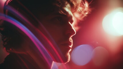 Portrait of a Man with Rim Light Around His Face in a Colorful and Dramatic Setting