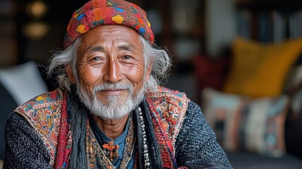 Portrait of a Middle Aged Nepali Man with Facial Hair and Colorful Traditional Clothing Smiling