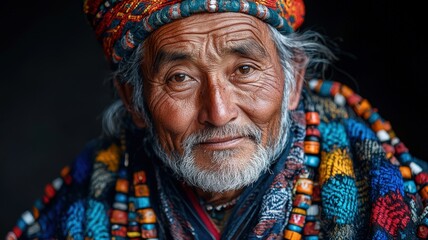 Portrait of a Middle-Aged Nepali Man with Facial Hair and Colorful Traditional Attire