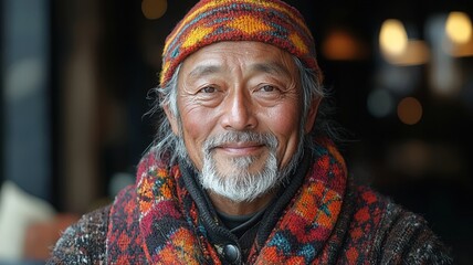 Portrait of a Middle-Aged Nepali Man with Facial Hair and Colorful Hat Smiling Indoors