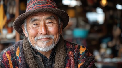 Portrait of a Middle Aged Nepali Man with Facial Hair Smiling in a Vibrant Market Environment