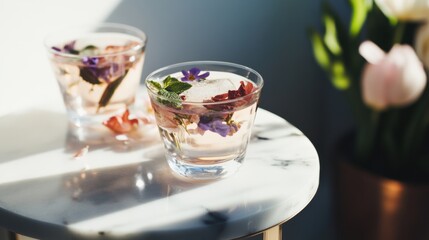 Cozy balcony at sunset showcasing flower infused drinks with hibiscus ginger cooler in tulip shaped glasses