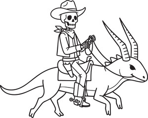 A charming and whimsical cartoon vector illustration featuring a friendly skeleton cowboy, complete with hat and bandana, riding a peculiar antelope-like creature