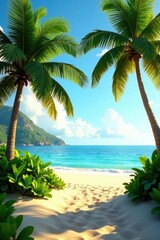 Fototapeta premium Golden sand, lush palm trees, tranquil ocean view, palms, island, getaway
