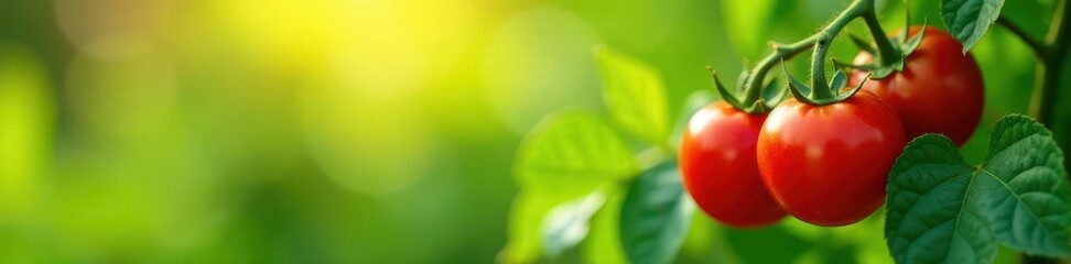 Sun-drenched red tomatoes on vine, lush green leaves , garden, texture, harvest