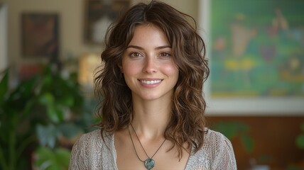 Portrait of a Romanian Woman with Brown Hair and a Calm Smile in an Indoor Setting