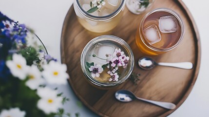Edible flower infused drinks served on a rustic wooden tray with delicate ice cubes and garden herbs for a refreshing summer experience