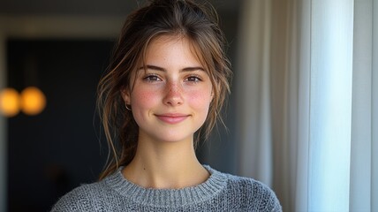 Portrait of a Serene Young Girl with Freckles Smiling in a Cozy Indoor Setting with Natural Light