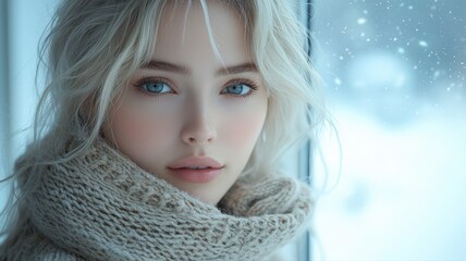 Portrait of a Serene Young Woman with Platinum Hair Wearing a Cozy Knit Sweater Surrounded by Snow