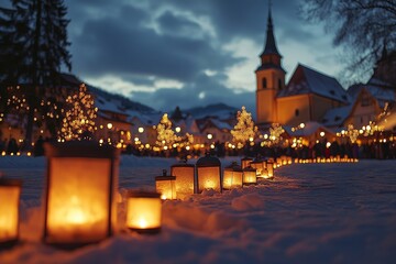Naklejka premium Lantern-lit gathering at a snowy village square with holiday decorations all around, Generative AI