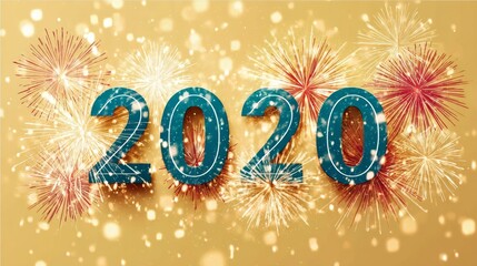 New Year 2020 Celebration. Greeting Card with 2020, Fireworks and Sparkles on Gold Background.