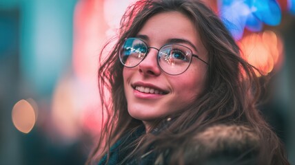 Portrait of a Smiling Girl with Glasses in a Colorful Urban Setting with Blurred Lights