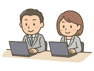 ノートパソコンで仕事をするスーツ姿の男女ビジネスマンのイラスト