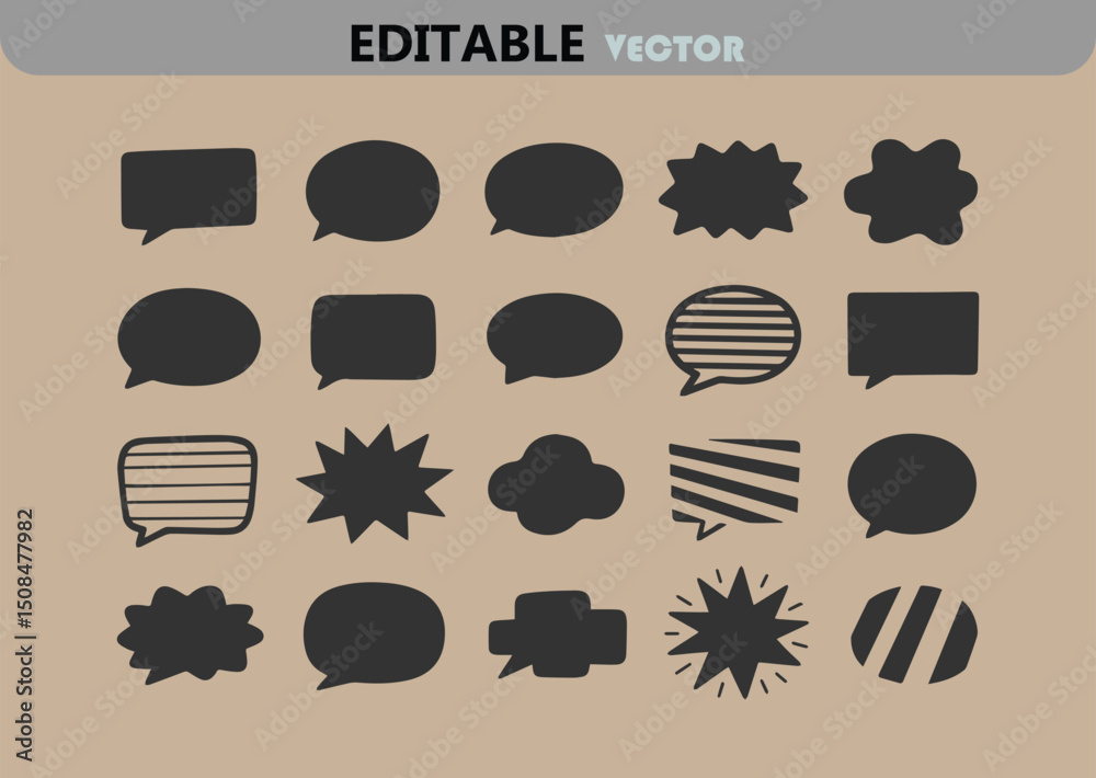 Poster Hand Drawn Speech Bubbles and Thought Bubbles Vector Set Different Shapes Doodle Style Isolated on Beige Background Editable Vector Format Available for Customization