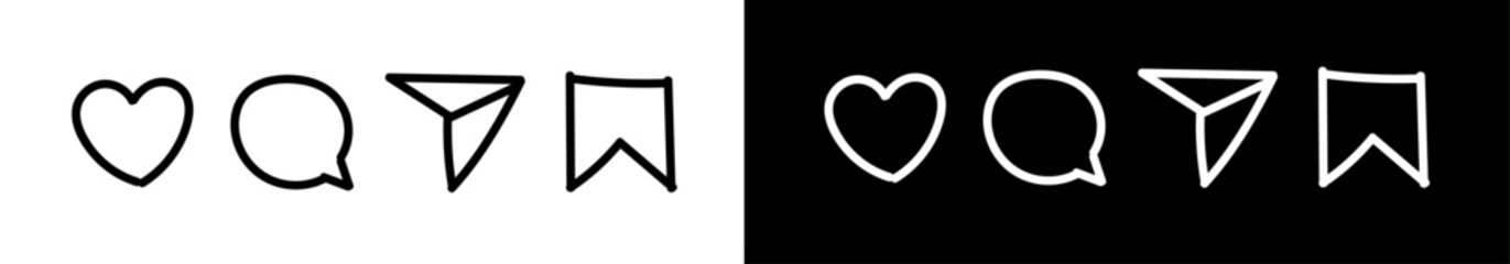 Doodle social media  reaction icons set. Line hand drawn social media icon. Comment, share, save and like icons.
