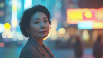 Portrait of a Thoughtful Asian Woman in Soft Evening Light Against an Urban Nighttime Background