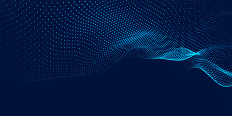 Abstract background with dynamic color wave. Futuristic dotted wave of bright particles. Colorful background for presentation design. Wide format 3D illustration. Weave effect.