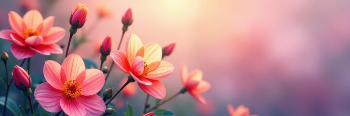 Naklejka premium Blurred vibrant blooms, soft watercolor washes, artistic, botanical, vivid