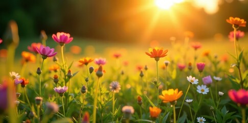 Fototapeta premium Golden sunlight bathes wildflowers, creating a stunning summer scene, meadow, beauty, plants