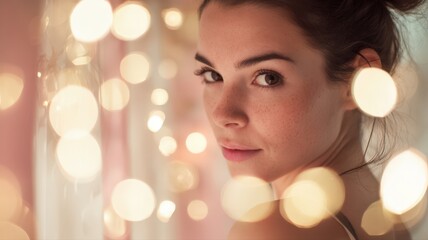 Fototapeta premium Portrait of a Woman Illuminated by Soft Golden Fairy Lights with a Warm and Dreamy Atmosphere