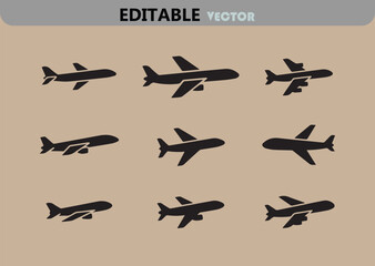 Collection of Black Airplane Icons in Vector Format Showing Different Aircraft Designs Suitable for Travel Transportation or Aviation Related Projects and Designs