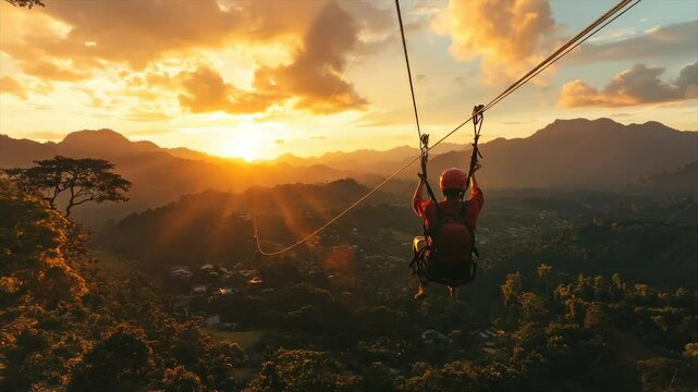 Sunset zipline adventure through mountain valley