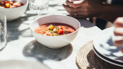 Modern outdoor brunch featuring vibrant gazpacho served in white bowls with fresh toppings on natural fiber placemats