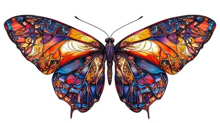 A vibrant butterfly with stained glass-like patterns.