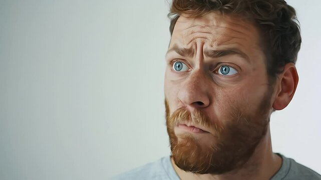 Young man with beard expressing multiple exaggerated emotions in front of plain background, showcasing human expressions, comedic reaction, and emotional intensity